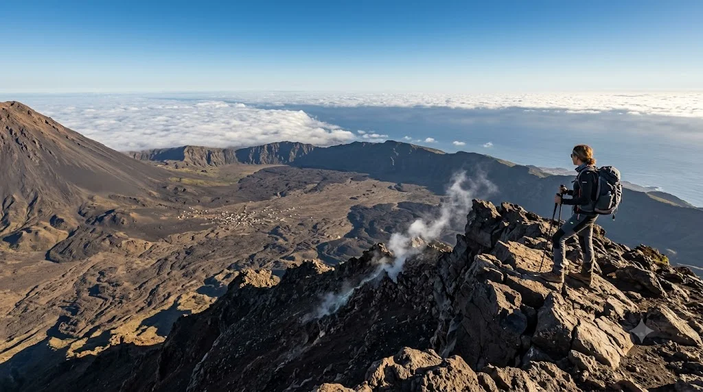 Vista da cratera no topo do Pico do Fogo a 2829 metros com mar de nuvens