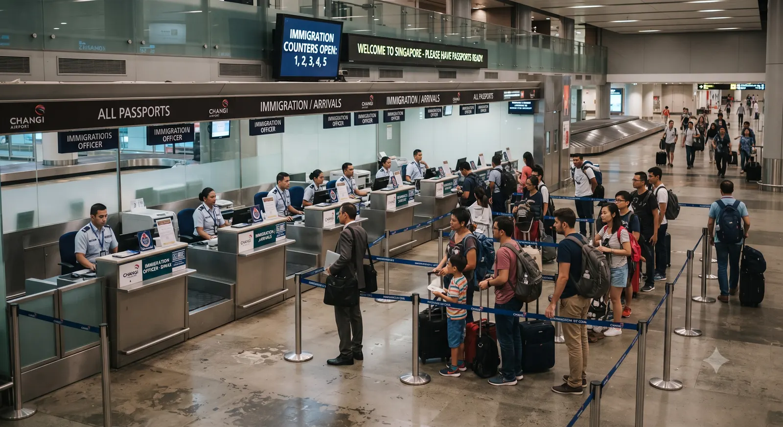 Balcao de imigracao em aeroporto internacional com fila de passageiros