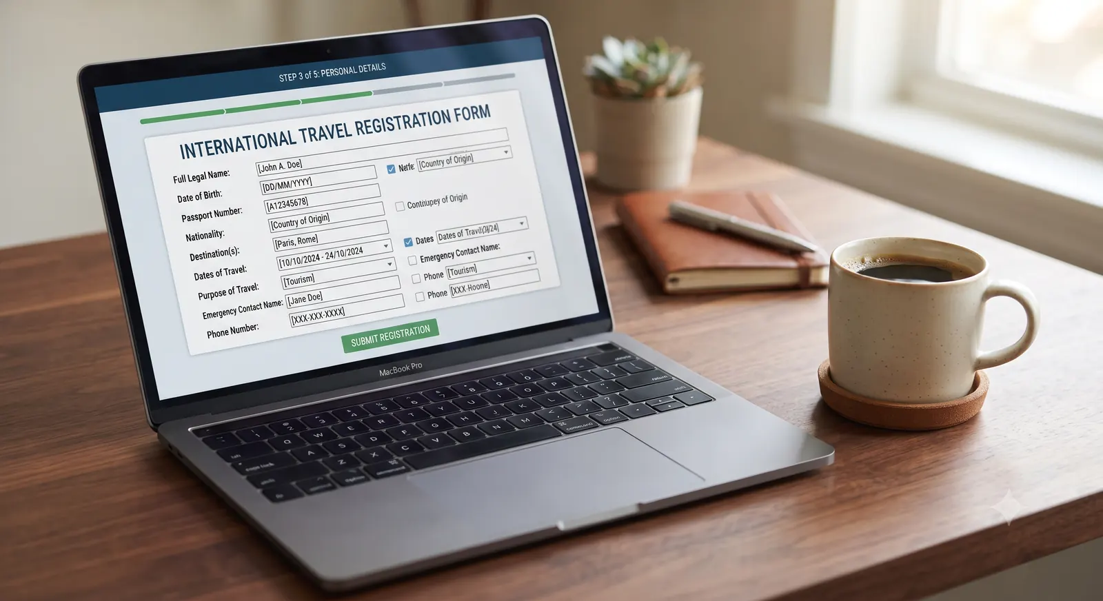 Notebook aberto com formulario de cadastro de viagem online sobre mesa
