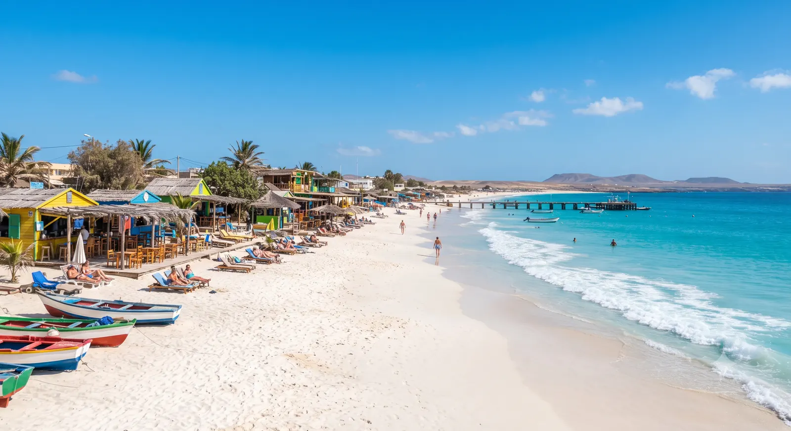 Praia de Santa Maria na Ilha do Sal, Cabo Verde, com quiosques na areia