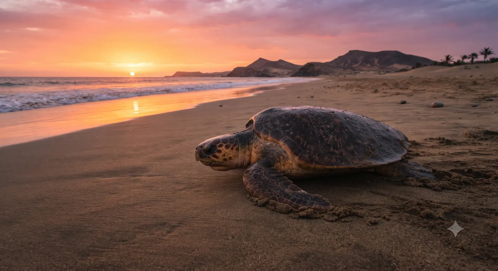 Tartaruga marinha na areia de praia em Boa Vista, Cabo Verde, ao entardecer
