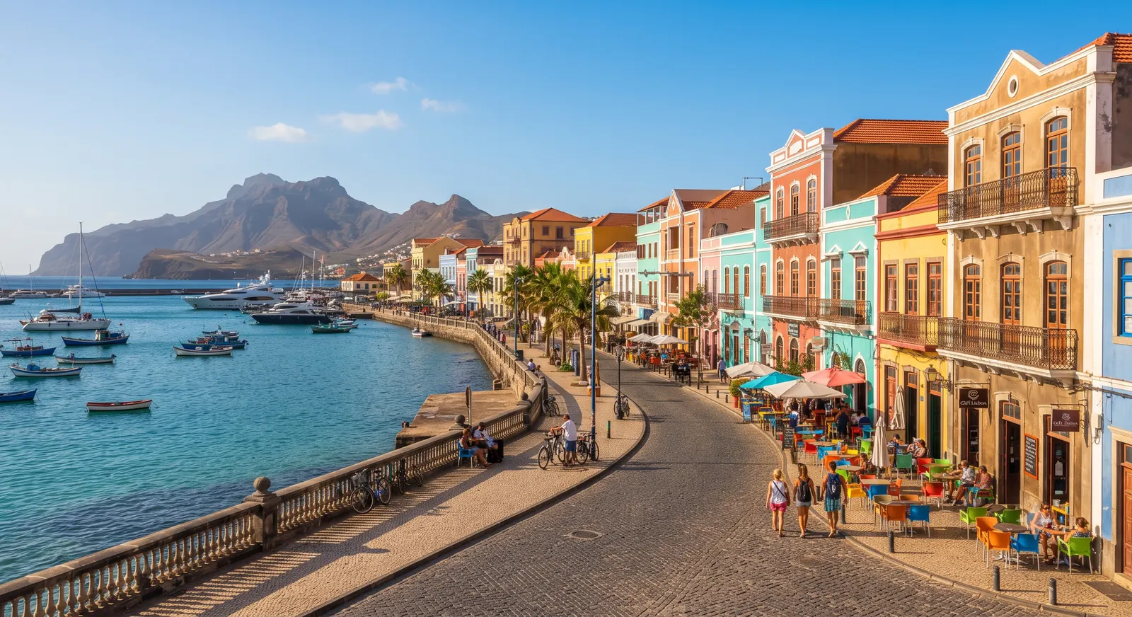 Cidade de Mindelo na Ilha de Sao Vicente, Cabo Verde, casario colorido a beira-mar