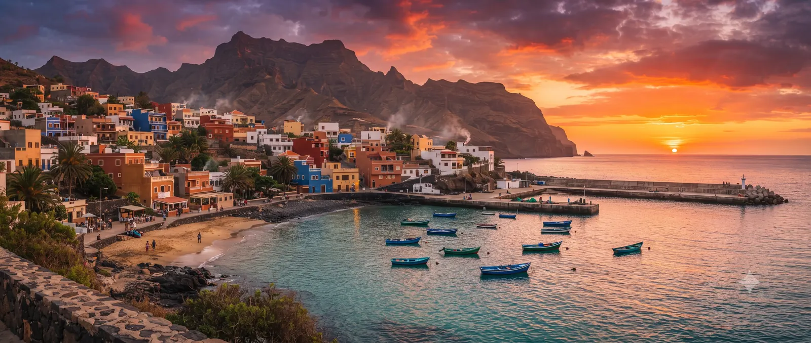 Roteiro Cabo Verde: vista panoramica de vila costeira colorida ao entardecer