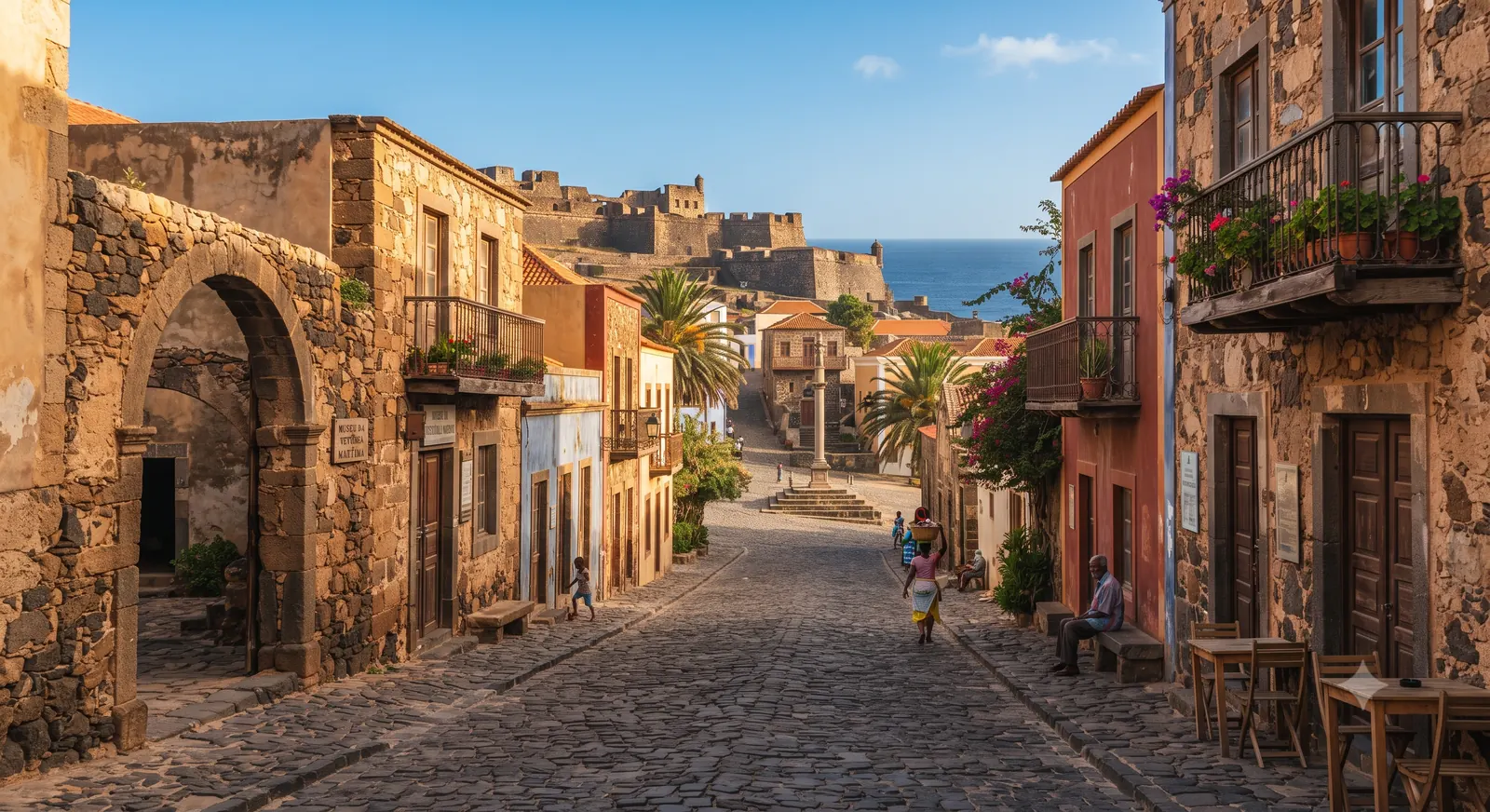 Rua de pedra com arquitetura colonial na Cidade Velha, Santiago, Cabo Verde