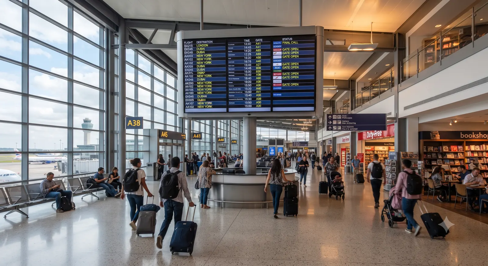 Interior de aeroporto com passageiros e paineis de voos internacionais