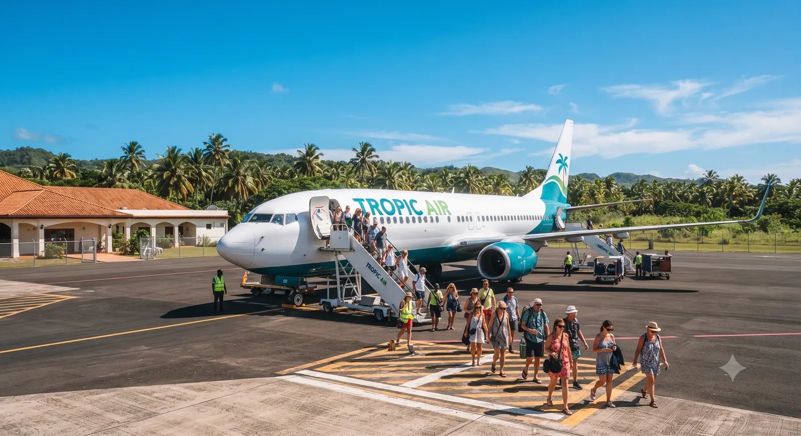Passageiros desembarcando de aviao em pista tropical