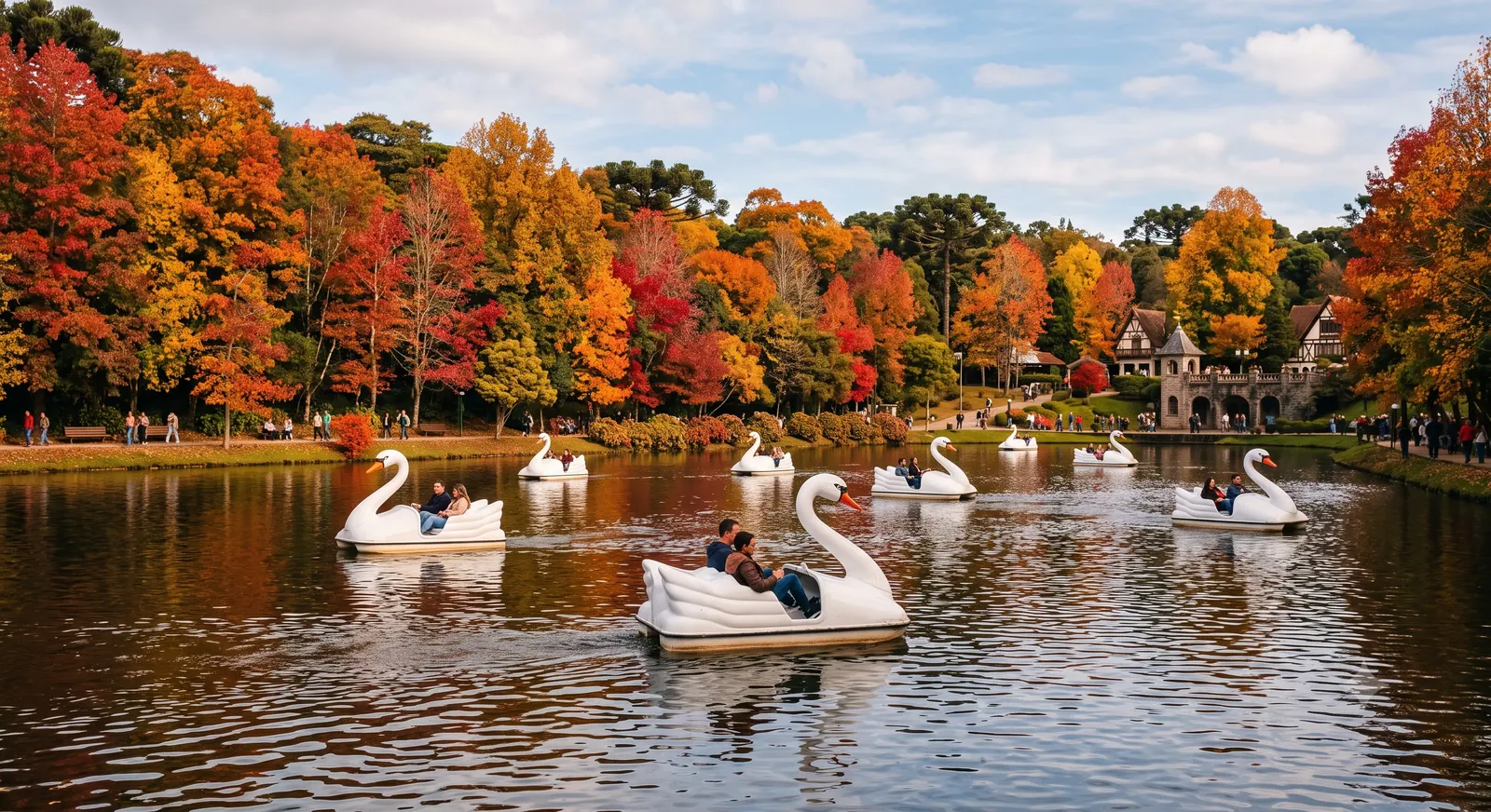 Pedalinhos em formato de cisne no Lago Negro em Gramado, cercado por árvores de outono em tons vermelhos e amarelos