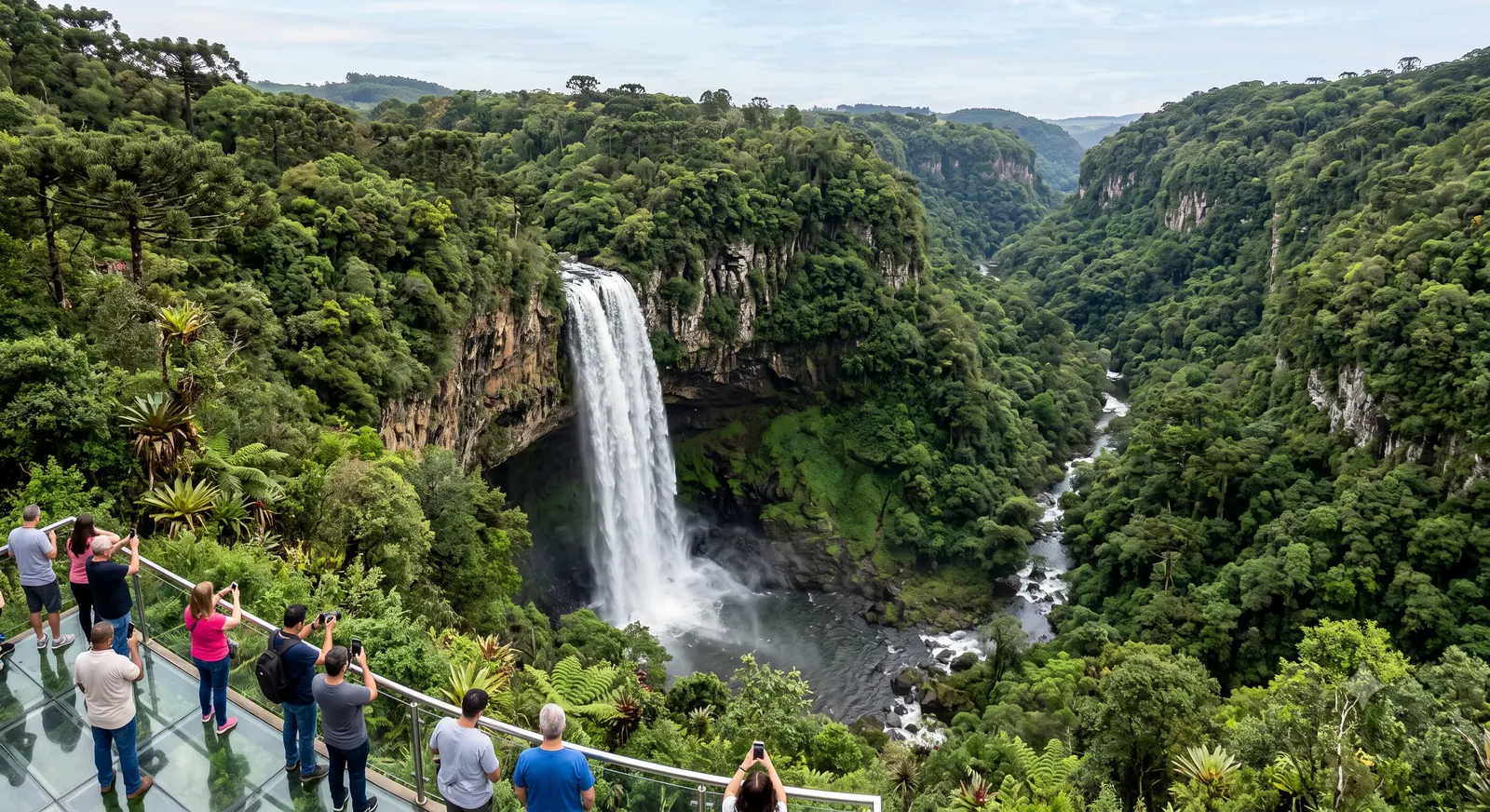 Cachoeira do Parque do Caracol em Canela vista de um mirante panorâmico, cercada por mata atlântica