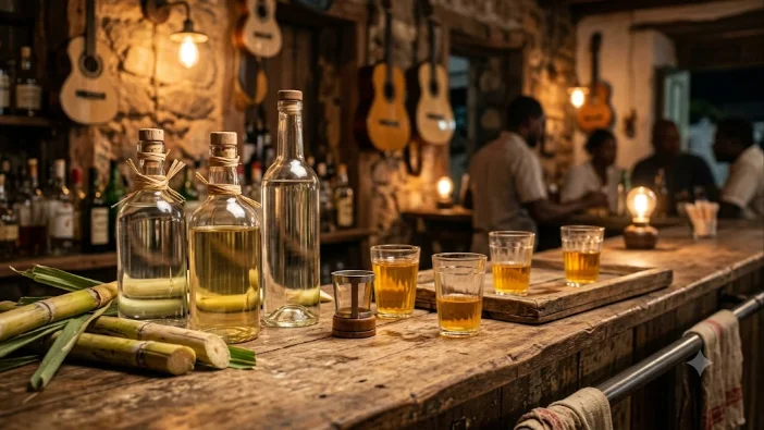 Garrafas de grogue artesanal e copos de ponche em bar de Cabo Verde