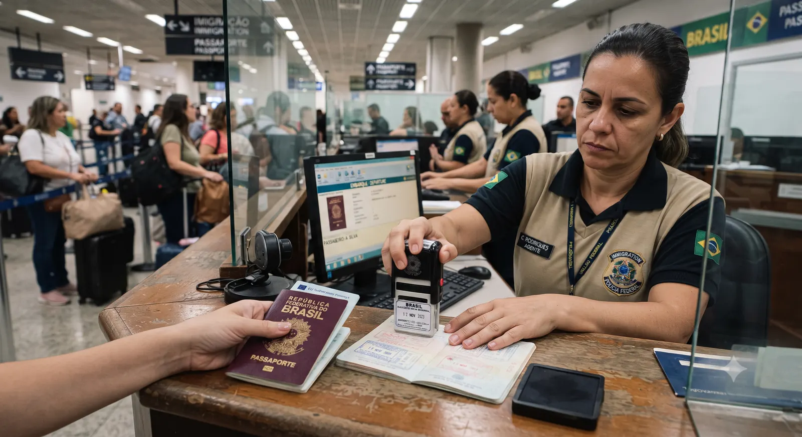 Fila organizada de passageiros na area de imigracao de um aeroporto internacional