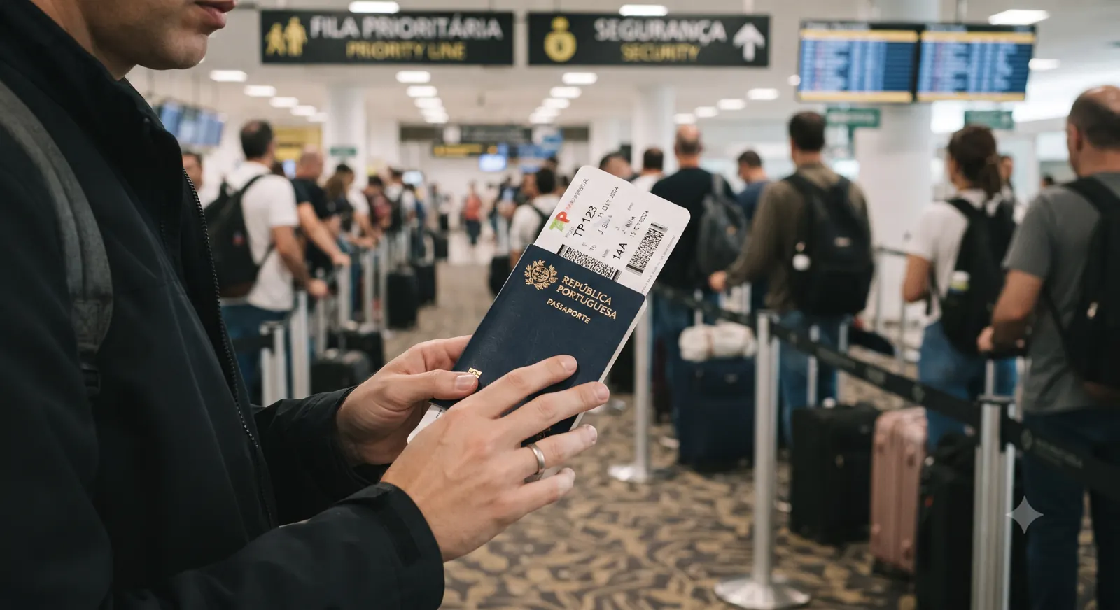 Pessoa segurando passaporte e cartao de embarque na fila do aeroporto