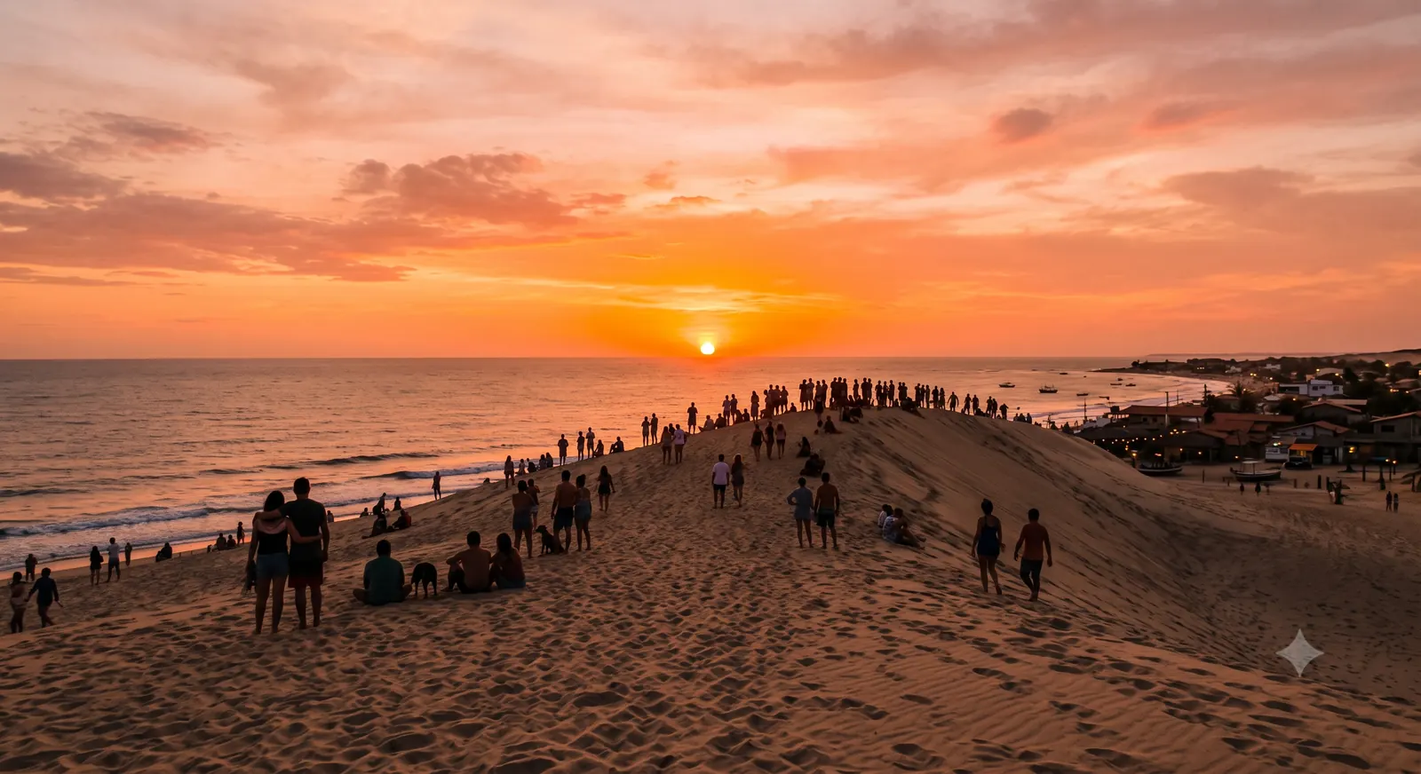 Pessoas assistindo ao pôr do sol do alto da Duna do Pôr do Sol em Jericoacoara