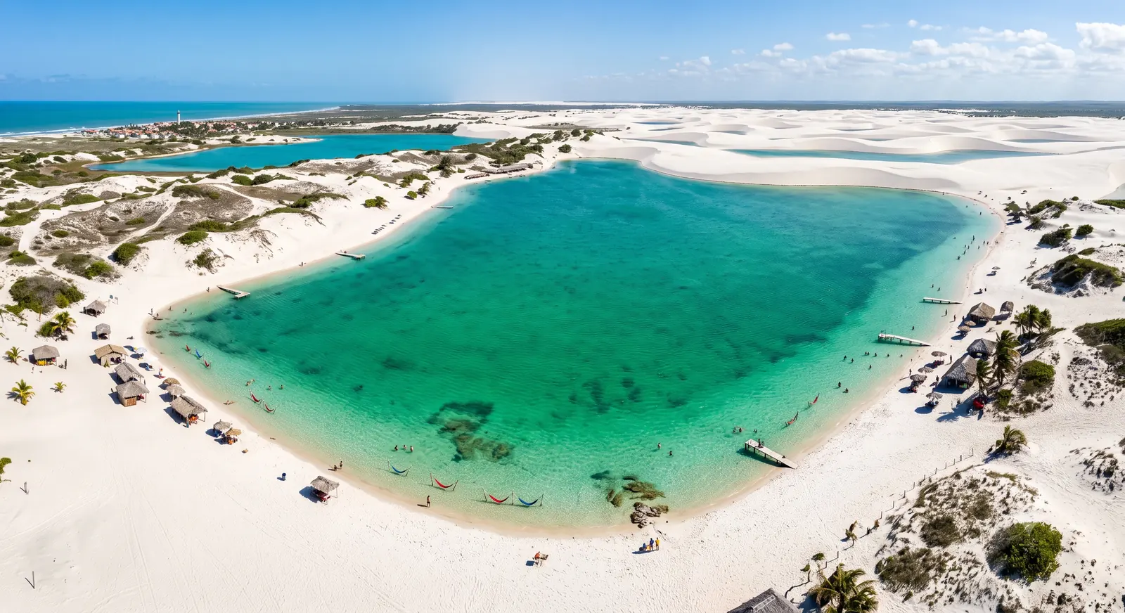 Vista aérea da Lagoa do Paraíso em Jericoacoara, água verde-turquesa cercada por dunas de areia branca