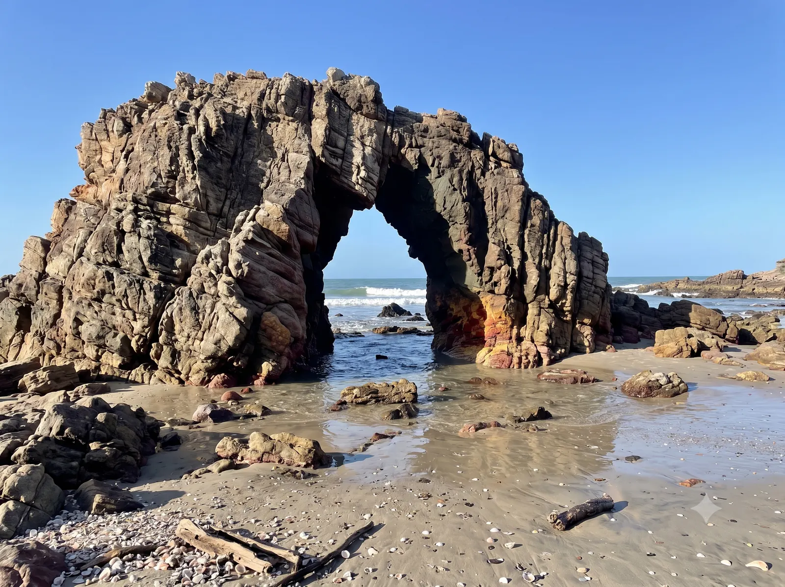 Pedra Furada em Jericoacoara na maré baixa, arco natural de rocha na água