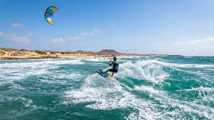 Kitesurfista em acao durante a temporada de ventos de Cabo Verde entre janeiro e abril