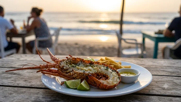 Lagostada grelhada com manteiga de alho em restaurante de praia em Cabo Verde