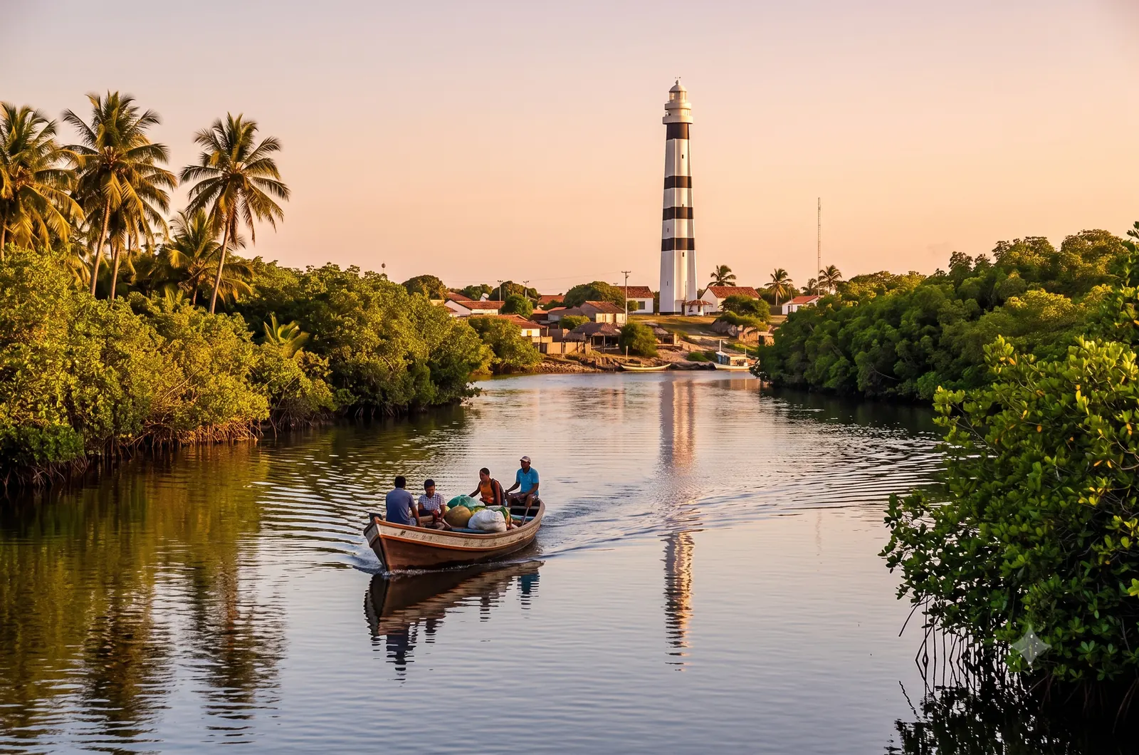 Barco navegando pelo Rio Preguiças com o Farol do Mandacaru ao fundo, Maranhão