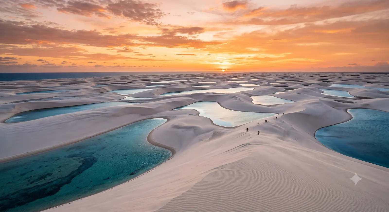 Vista panorâmica do topo de uma duna nos Lençóis Maranhenses ao pôr do sol, com dezenas de lagoas espalhadas