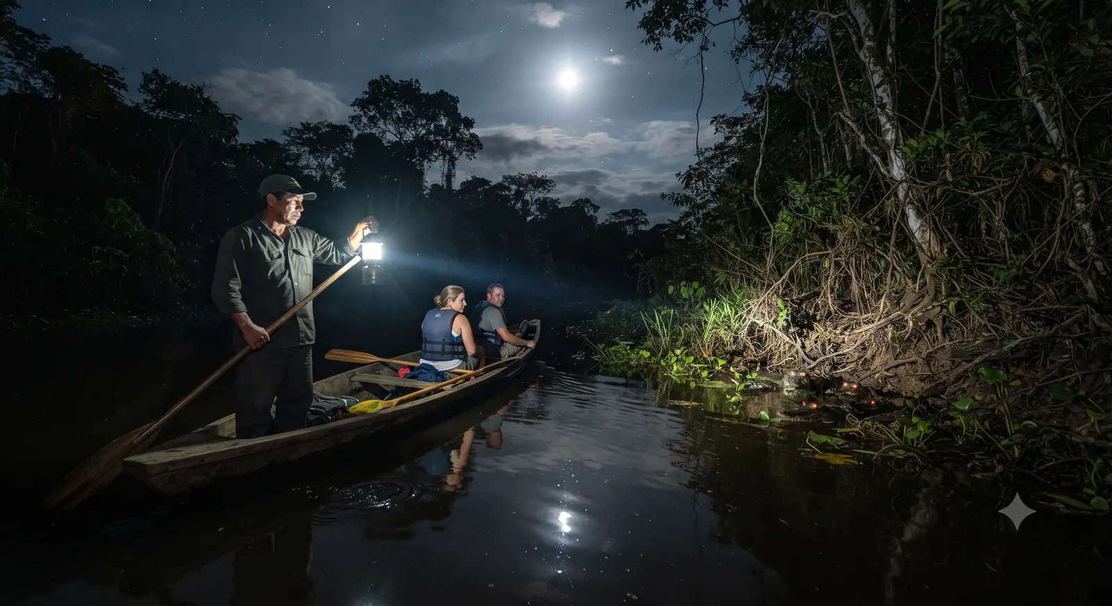 Passeio noturno de canoa na Amazonia