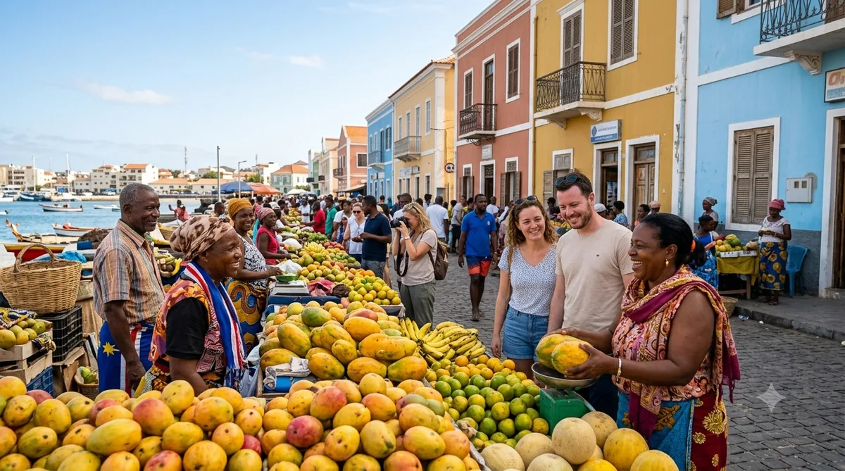 Mercado movimentado e seguro de Mindelo, Cabo Verde