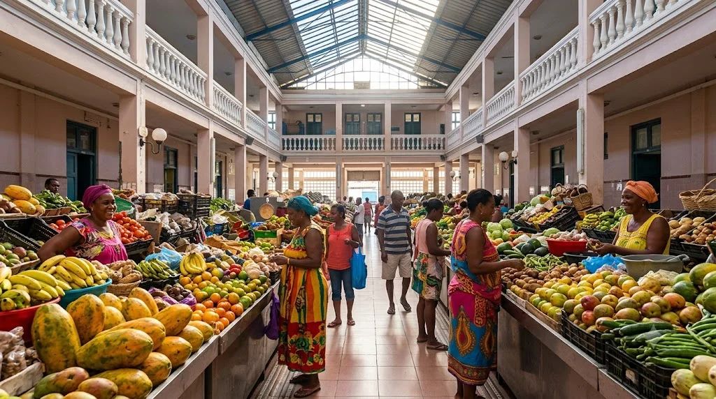 Mercado Municipal de Mindelo com bancas de frutas e vendedoras locais