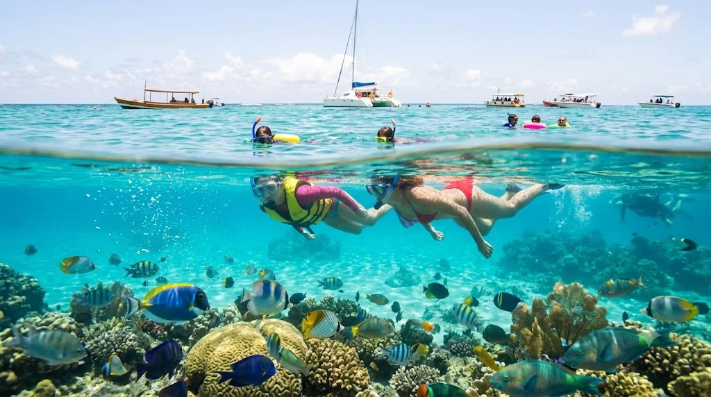 Mergulho de snorkel com peixes coloridos nas piscinas naturais de Maragogi