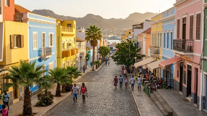 Rua colorida de Mindelo em Sao Vicente, Cabo Verde, cidade do Carnaval em fevereiro