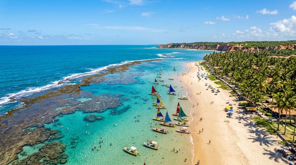 Praia paradisiaca do Nordeste do Brasil com piscinas naturais, jangadas, coqueiros e falesias