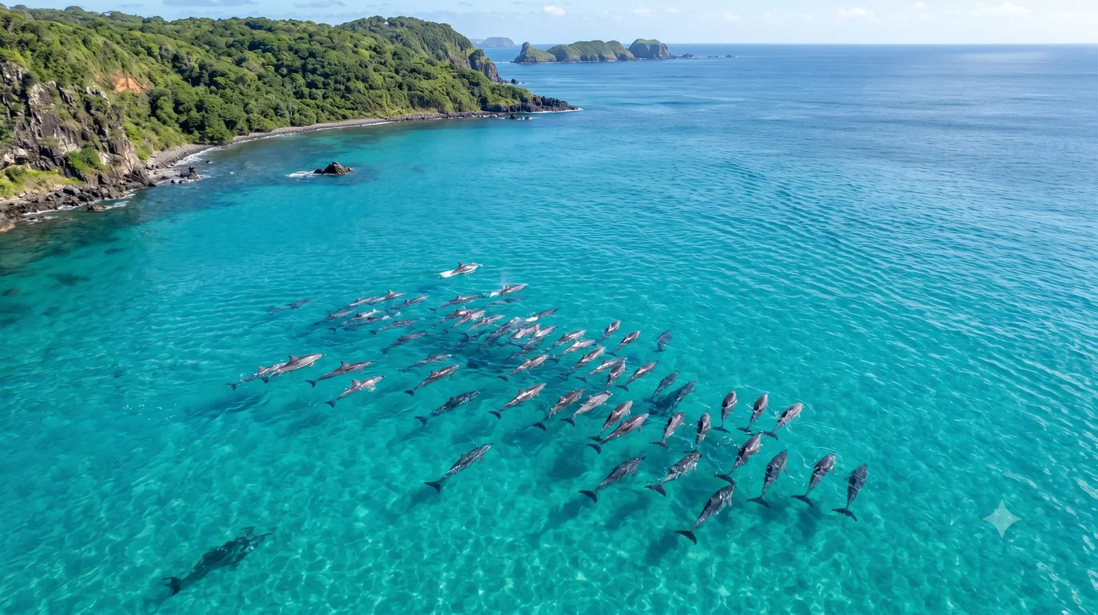 Grupo de golfinhos-rotadores nadando nas águas cristalinas da Baía dos Golfinhos em Fernando de Noronha, vista aérea