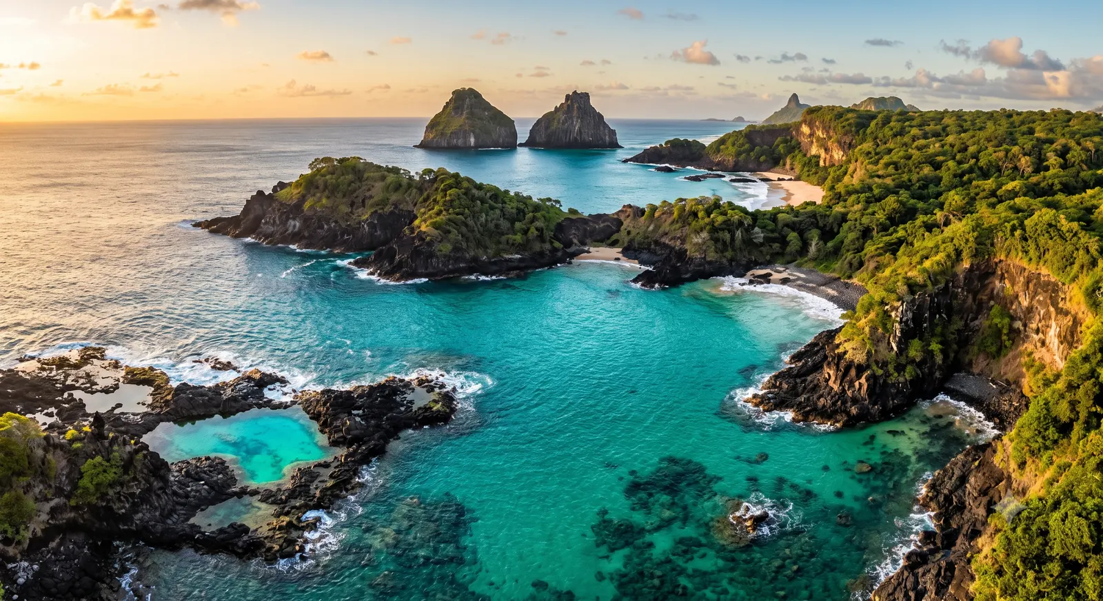 Vista aérea da Baía dos Porcos em Fernando de Noronha com o Morro Dois Irmãos ao fundo, água azul-turquesa cristalina