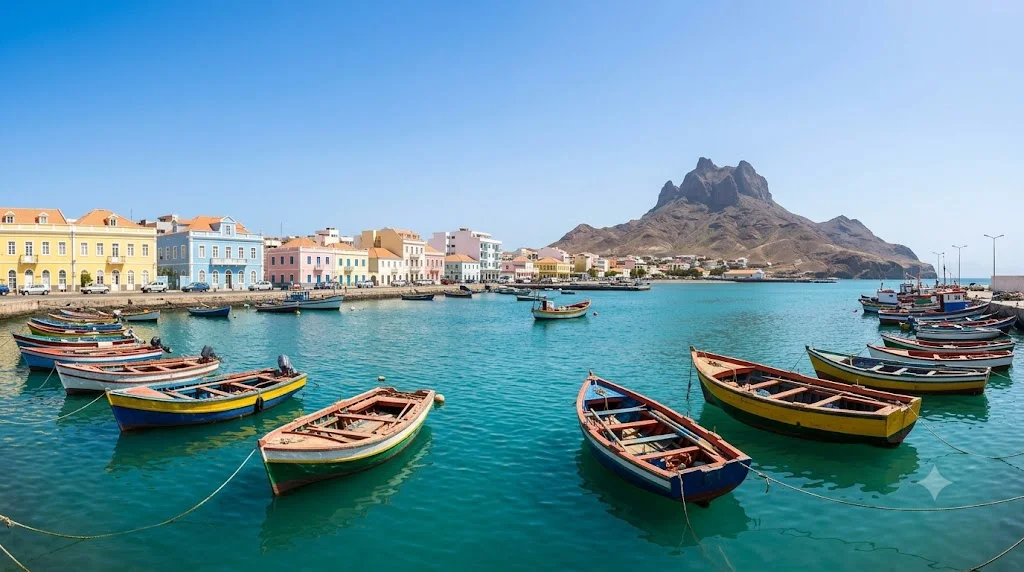 Baia de Mindelo em Sao Vicente com barcos coloridos e o Monte Cara ao fundo