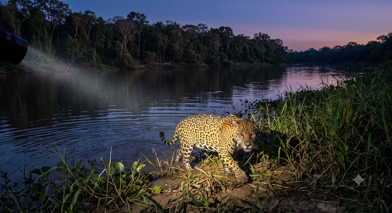 Onça-pintada às margens de um rio no Pantanal durante safári noturno, olhos refletindo a luz do holofote