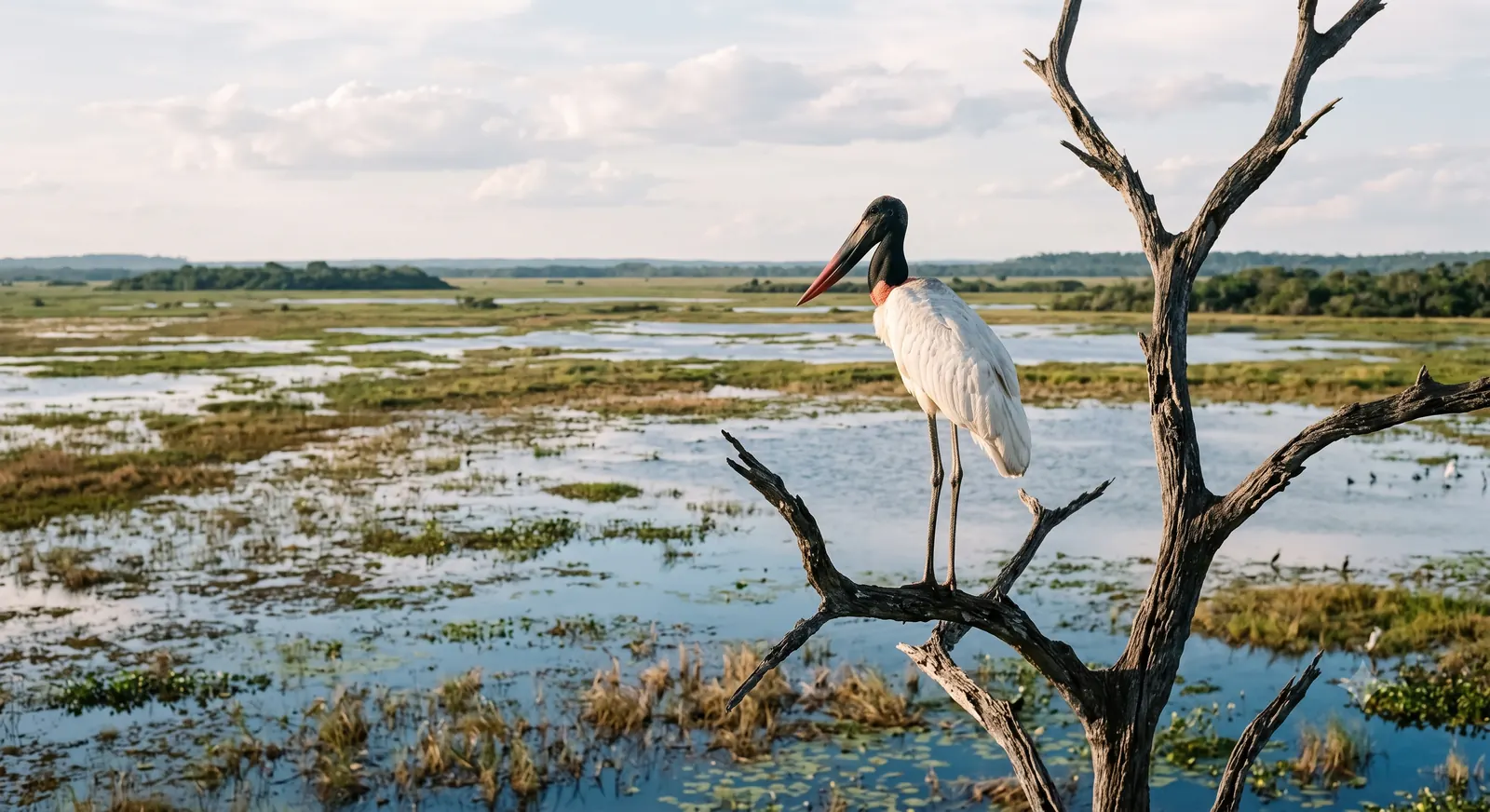 Tuiuiú, ave-símbolo do Pantanal, pousado em árvore seca com paisagem alagada ao fundo