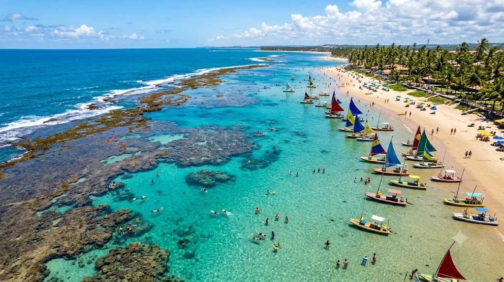 Piscinas naturais de Porto de Galinhas com jangadas coloridas e agua cristalina na mare baixa