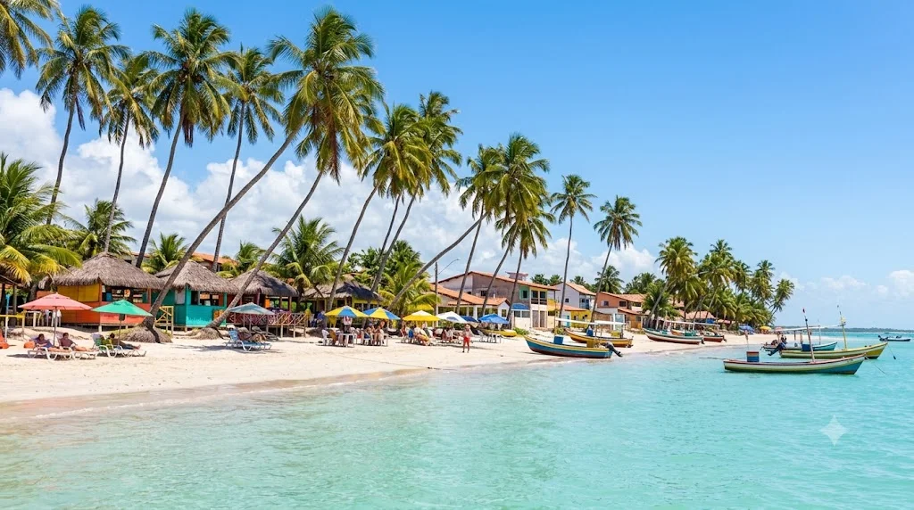 Praia de Maragogi com coqueiros, quiosques coloridos e mar calmo
