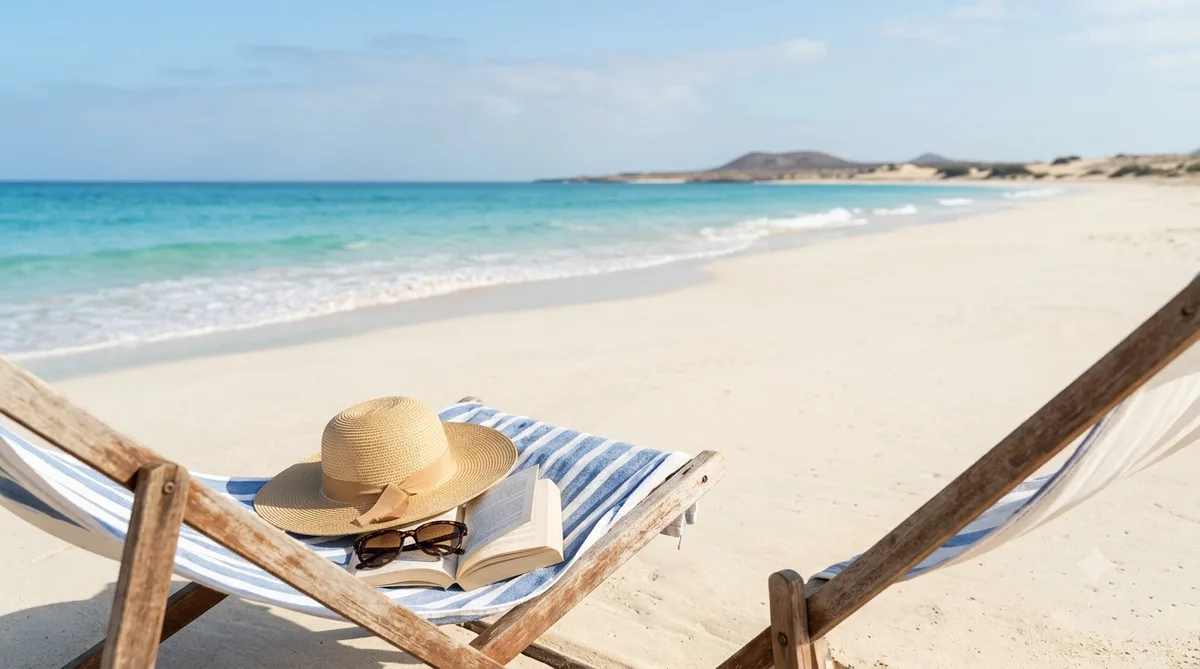 Praia tranquila da Boa Vista, Cabo Verde, com pertences seguros na espreguiçadeira