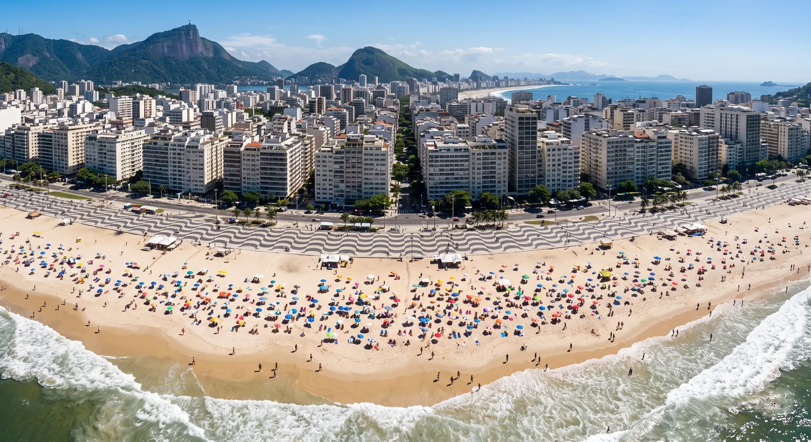 Vista aérea da praia de Copacabana no Rio de Janeiro em dia ensolarado, com o calçadão de pedra portuguesa e prédios ao fundo