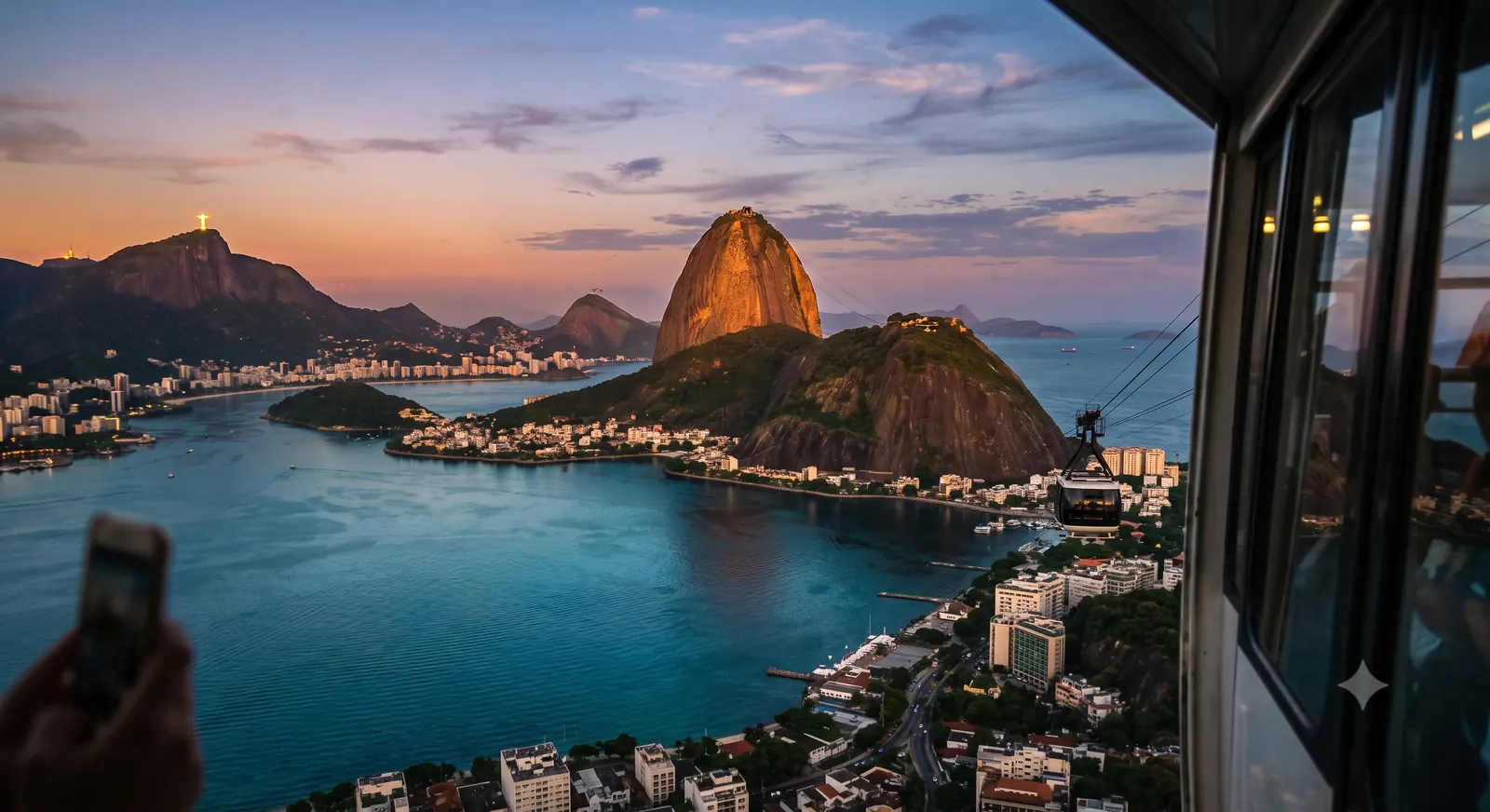 Vista do Pão de Açúcar ao entardecer a partir do bondinho, Rio de Janeiro, com a Baía de Guanabara ao fundo