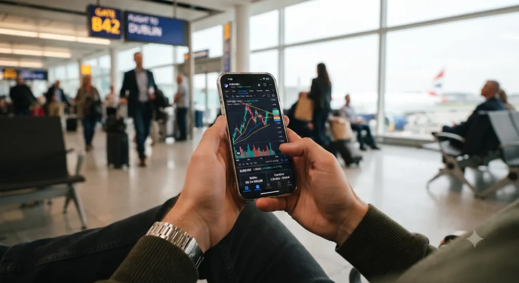 chip internacional para viagem: viajante usando celular no aeroporto