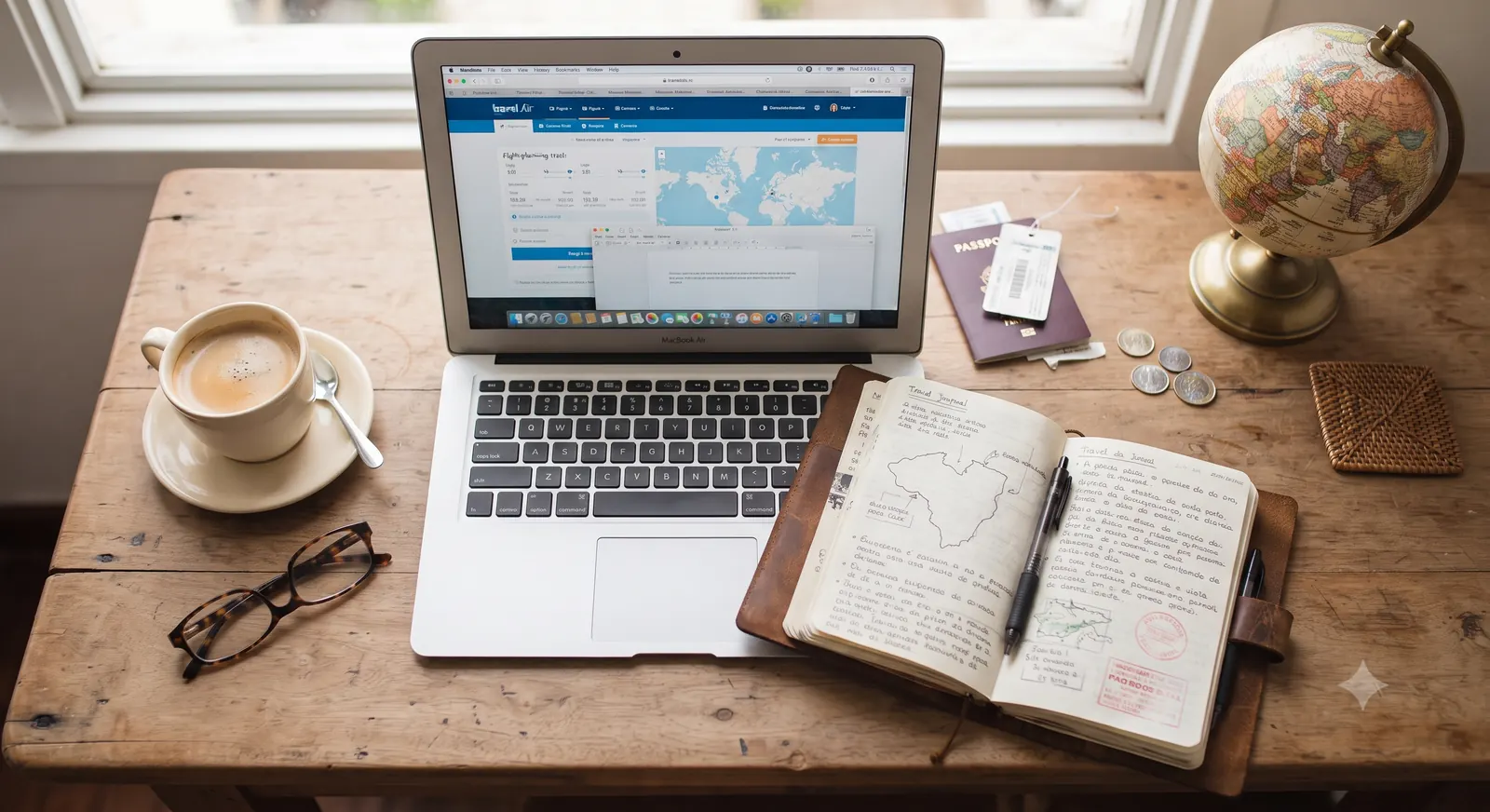 Mesa de planejamento de viagem vista de cima, com notebook, cafe, passaporte, globo e caderno de anotacoes