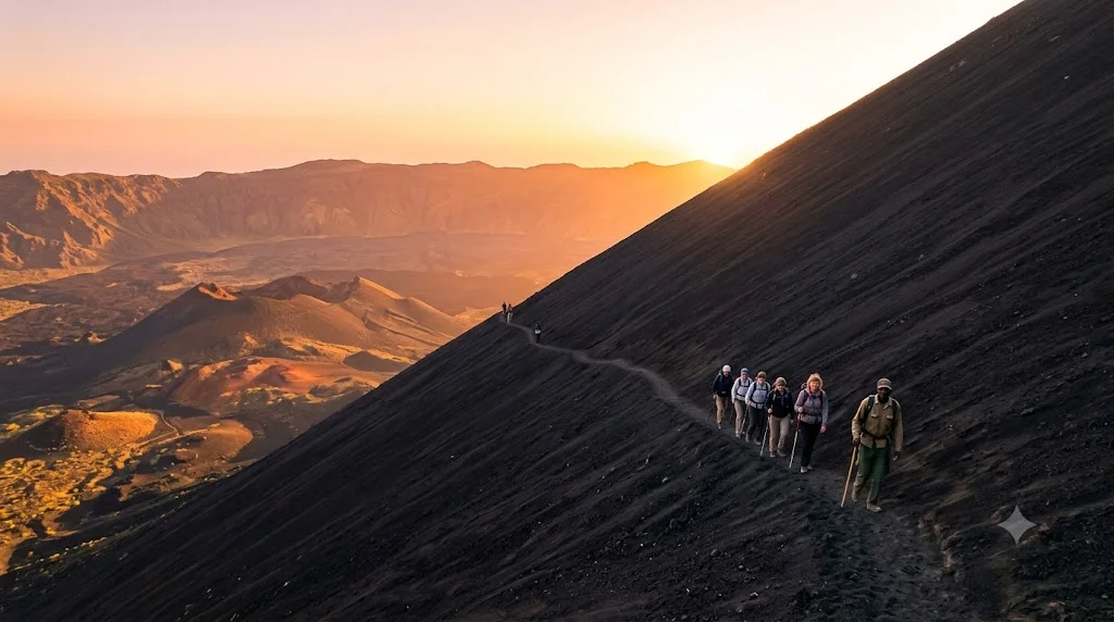 Trilheiros subindo a encosta de cinza vulcanica do Pico do Fogo ao amanhecer