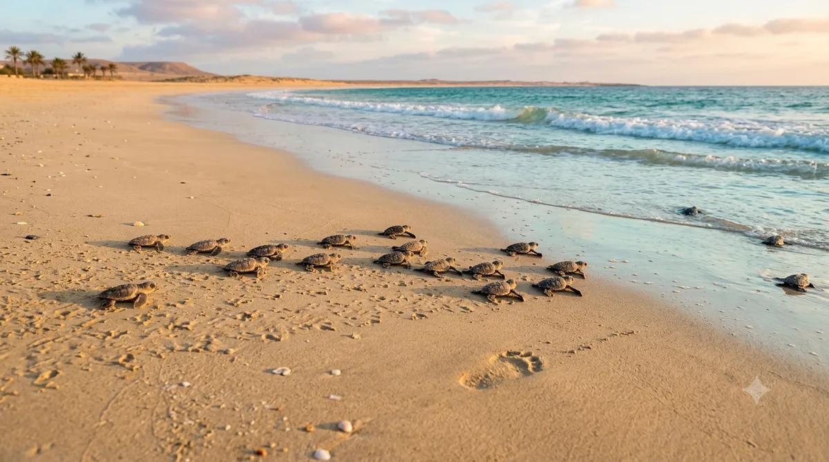 Filhotes de tartaruga indo para o mar na Boa Vista, Cabo Verde
