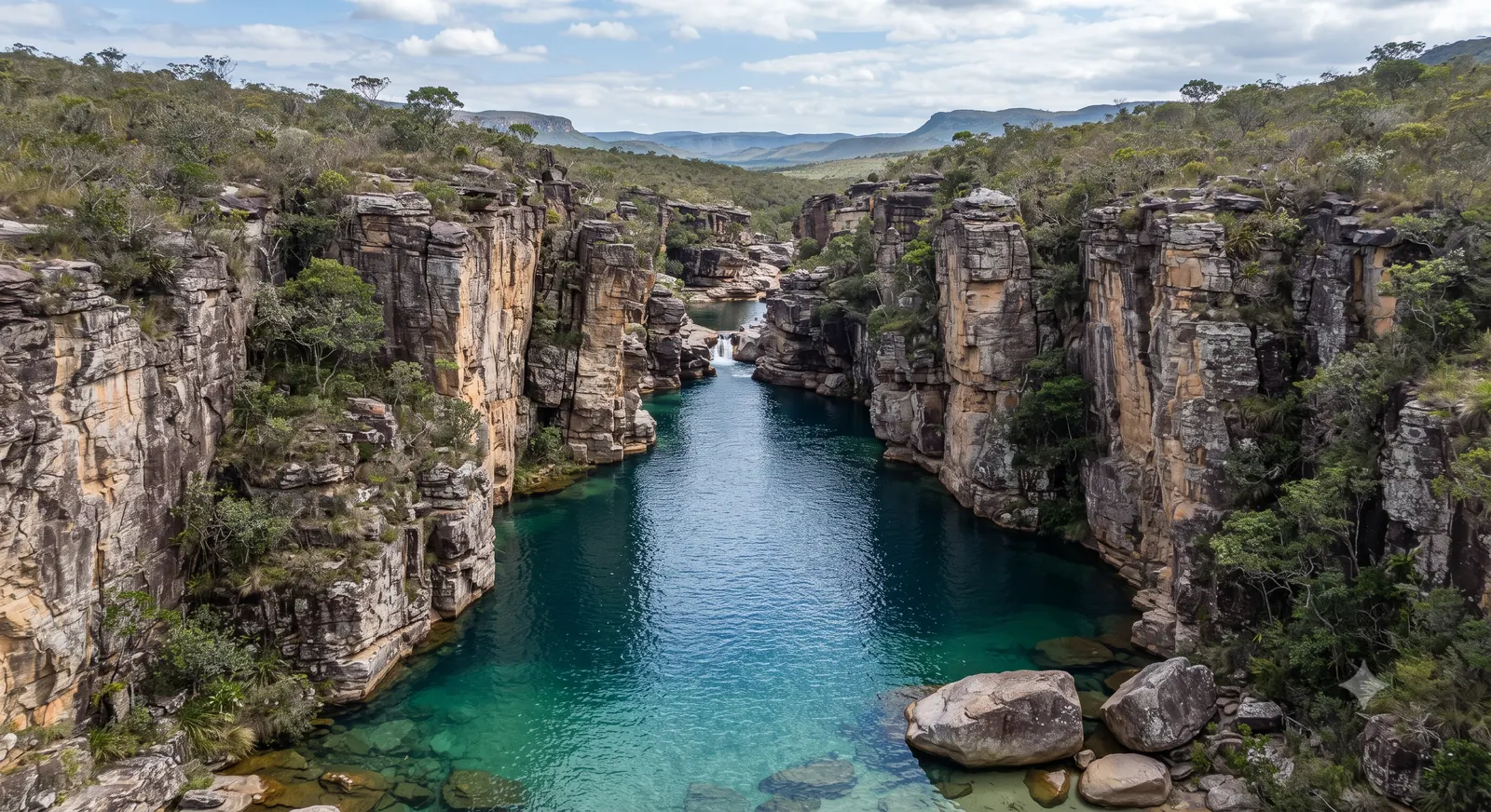 Canion II na Chapada dos Veadeiros, poco de agua azul-esverdeada entre paredoes de rocha