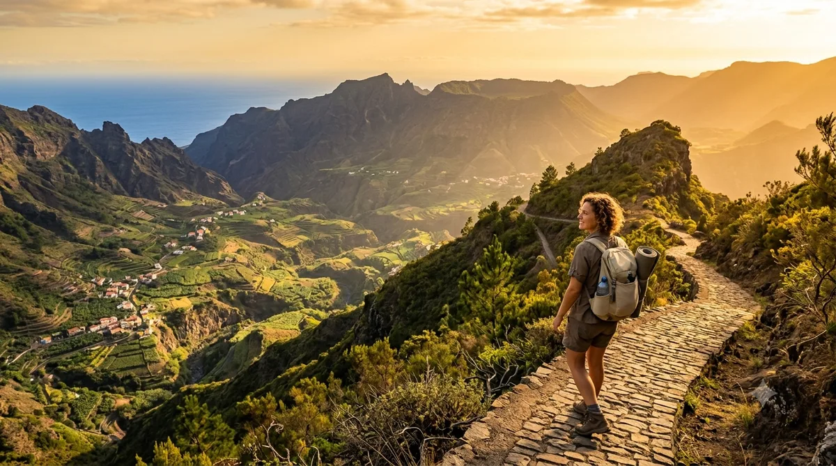 Mulher viajando sozinha em trilha segura de Santo Antão, Cabo Verde
