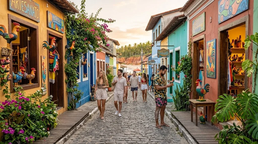 Rua colorida da Vila de Porto de Galinhas com lojas de artesanato