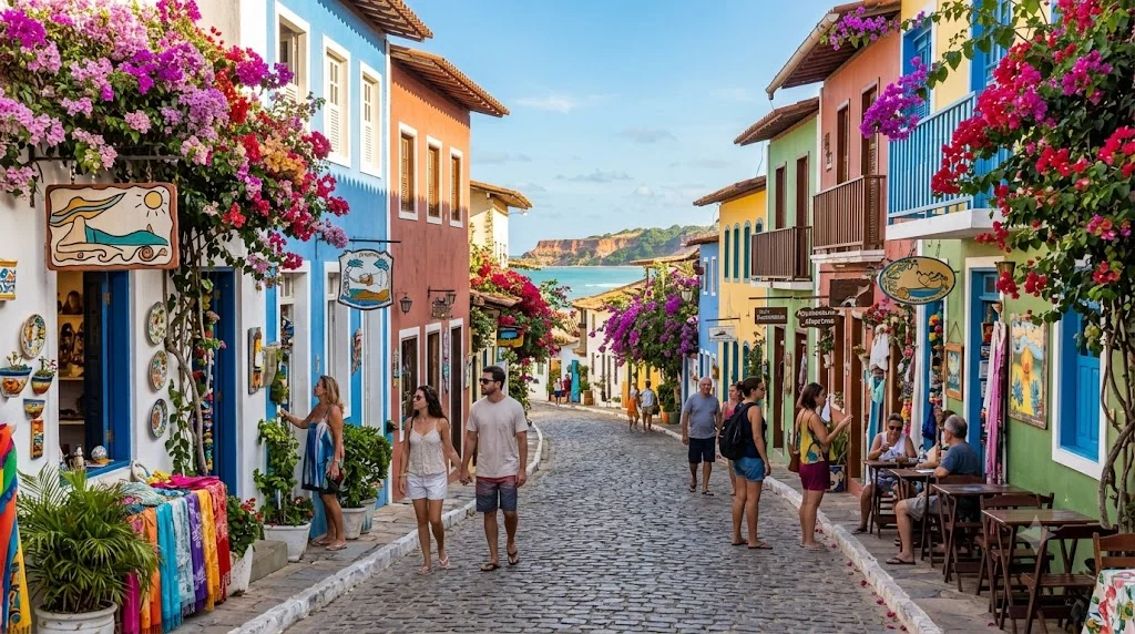 Rua colorida do vilarejo de Praia de Pipa com casas e flores