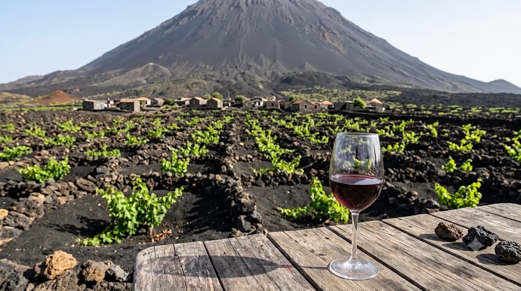 Taca de vinho do Fogo com vinhedos em solo vulcanico de Cha das Caldeiras