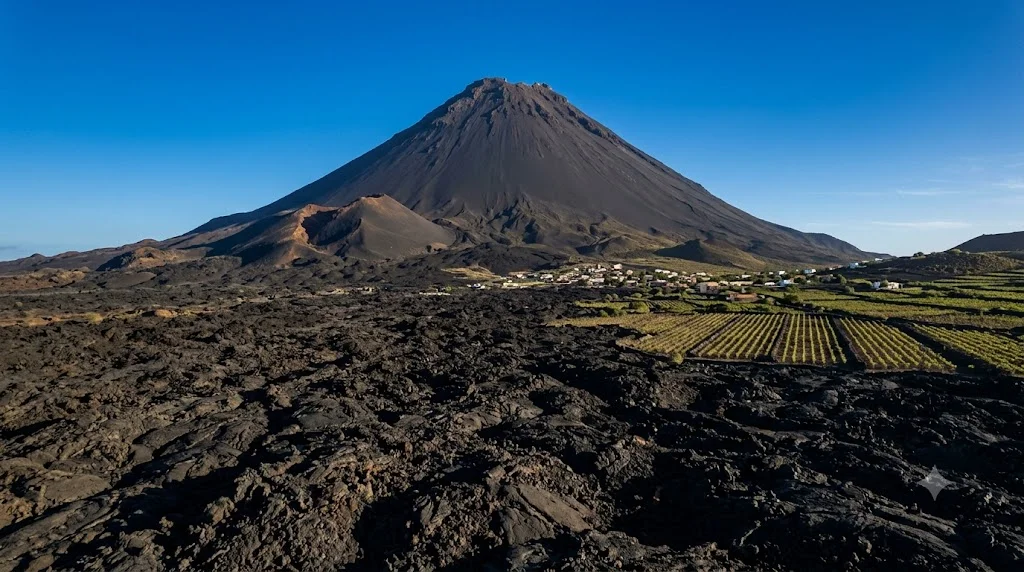 Vulcao do Fogo em Cabo Verde visto de Cha das Caldeiras com campo de lava e vinhedos