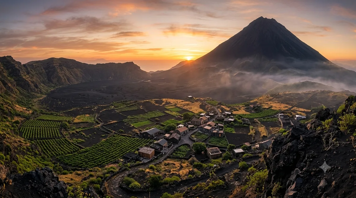 Vulcão Pico do Fogo ao amanhecer com a vila de Chã das Caldeiras, Cabo Verde