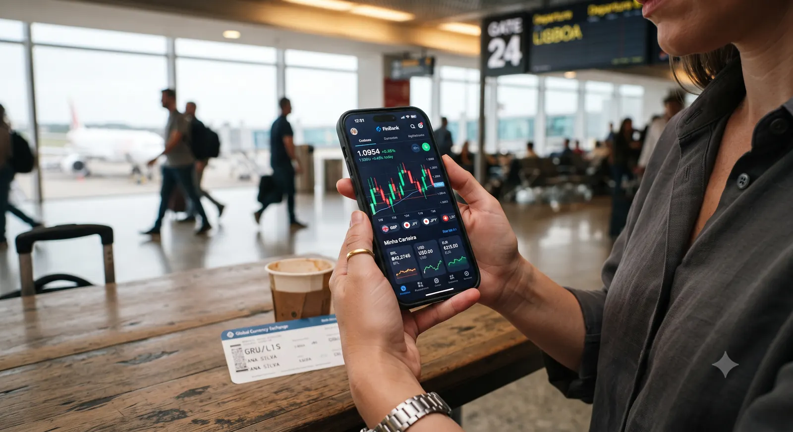 Mulher segurando celular com app financeiro mostrando carteira multi-moeda (BRL, USD, EUR) em um aeroporto